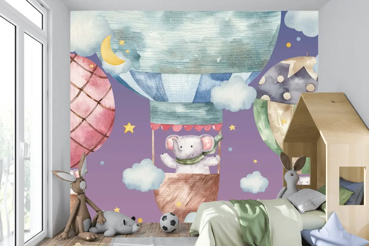 Sevimli Fil Renkli Balonların Üzerinde Uçar Çocuk Odası Duvar Kağıdı