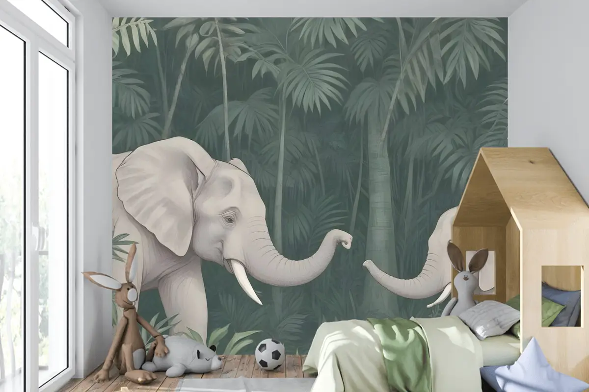 Tropikal Ormandaki Sevimli Filler Çocuk Odası Duvar Kağıdı