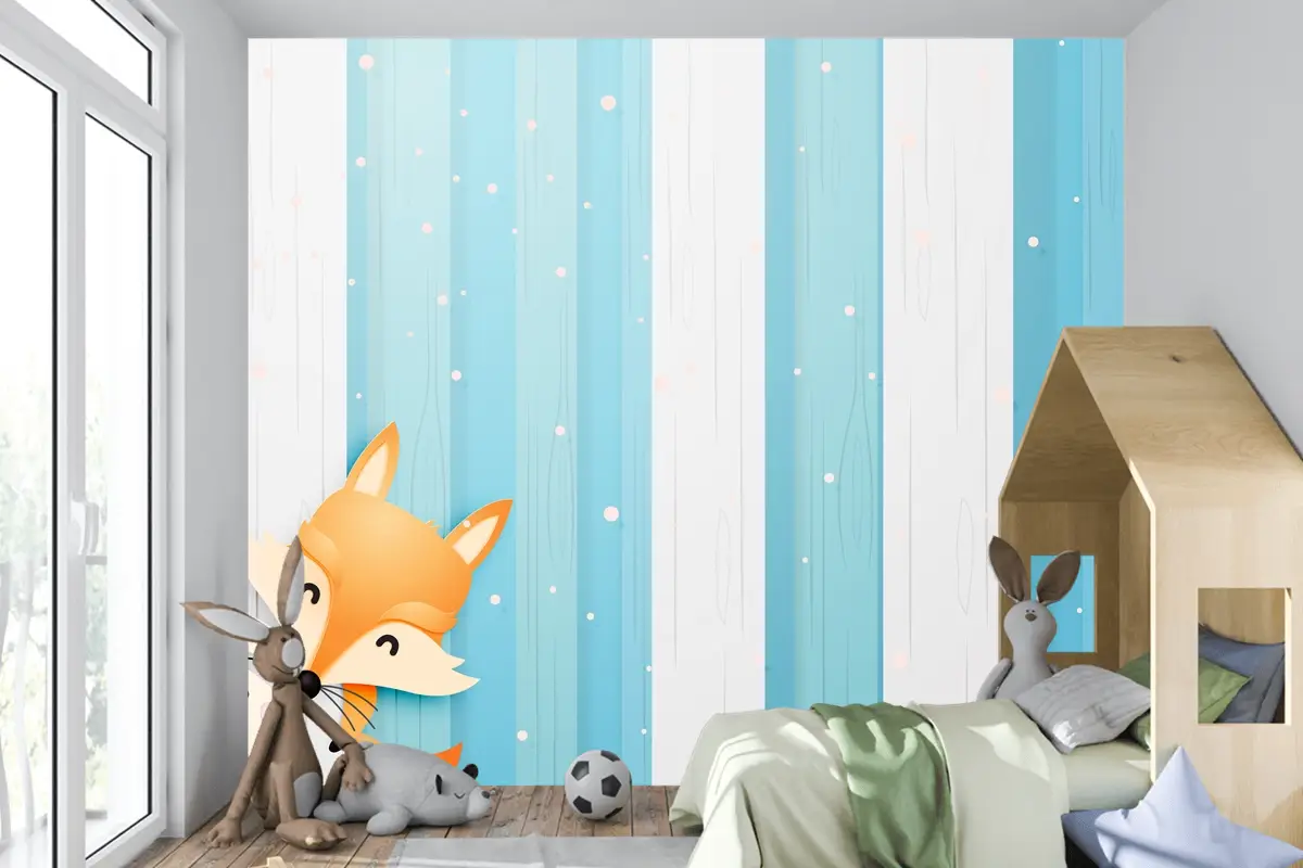 Kağıt Sanat Tarzı Pastel Düzeni Çocuk Odası Duvar Kağıdı Ile Ahşapta Sevimli Tilki Ve Tavşan