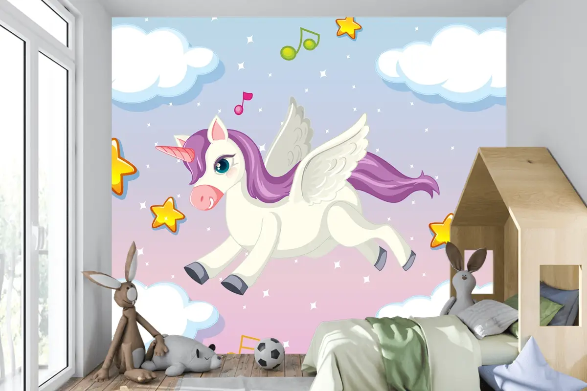 Pastel Gökyüzünde Uçan Mor Yeleli Sevimli Pegasus Çocuk Odası Duvar Kağıdı