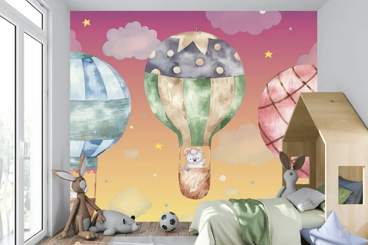 Renkli Balonlar Üzerinde Uçan Sevimli Koç Çocuk Odası Duvar Kağıdı