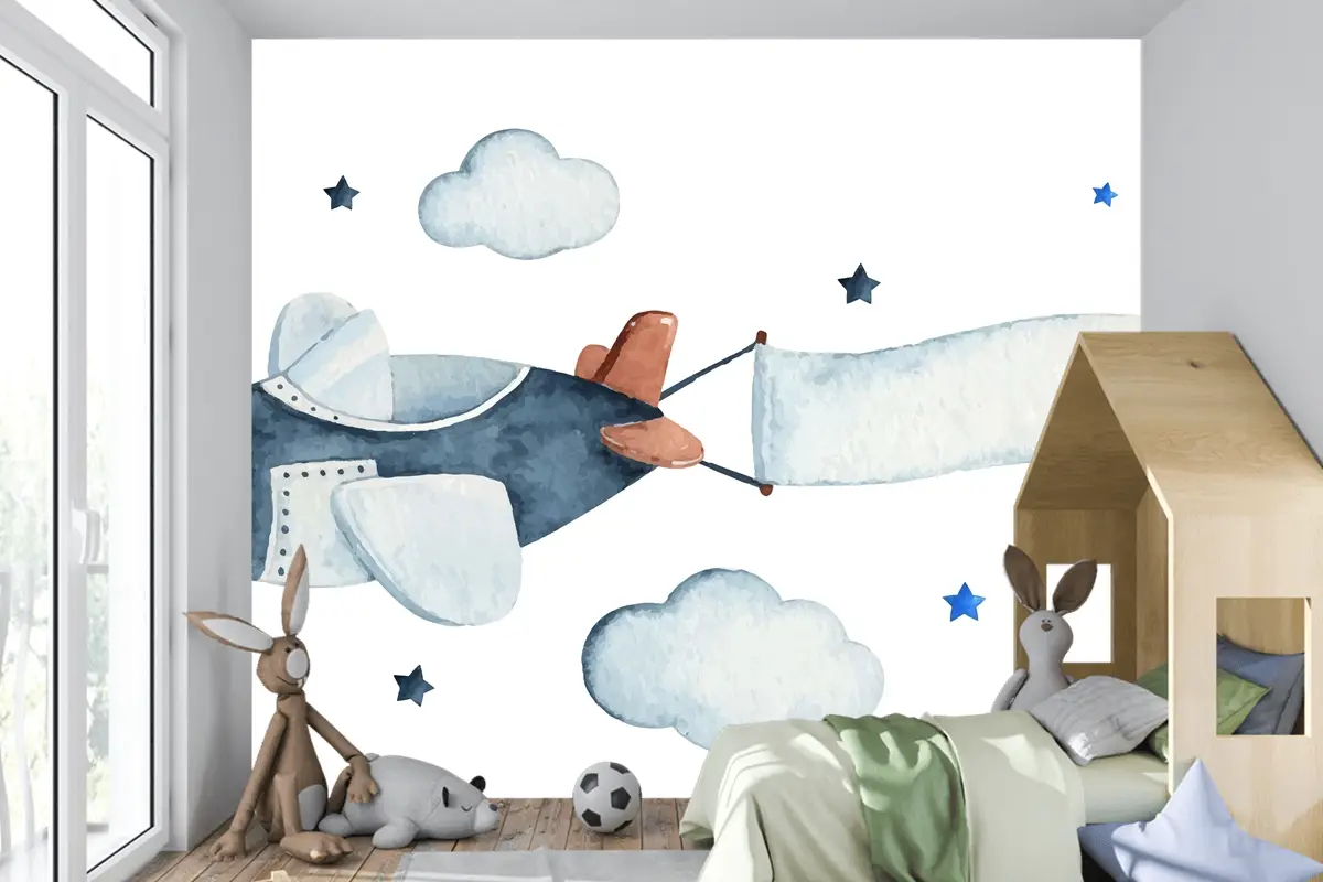 Hava Uçağı Bulutları Ve Yıldızlarla Sevimli Suluboya Gökyüzü Sahnesi Çocuk Odası Duvar Kağıdı