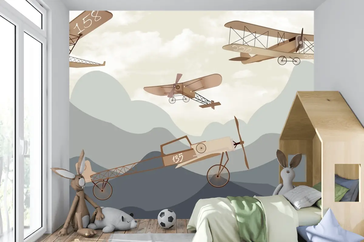 Dağlar Uçaklar Manzara Çocuk Odası Duvar Kağıdı