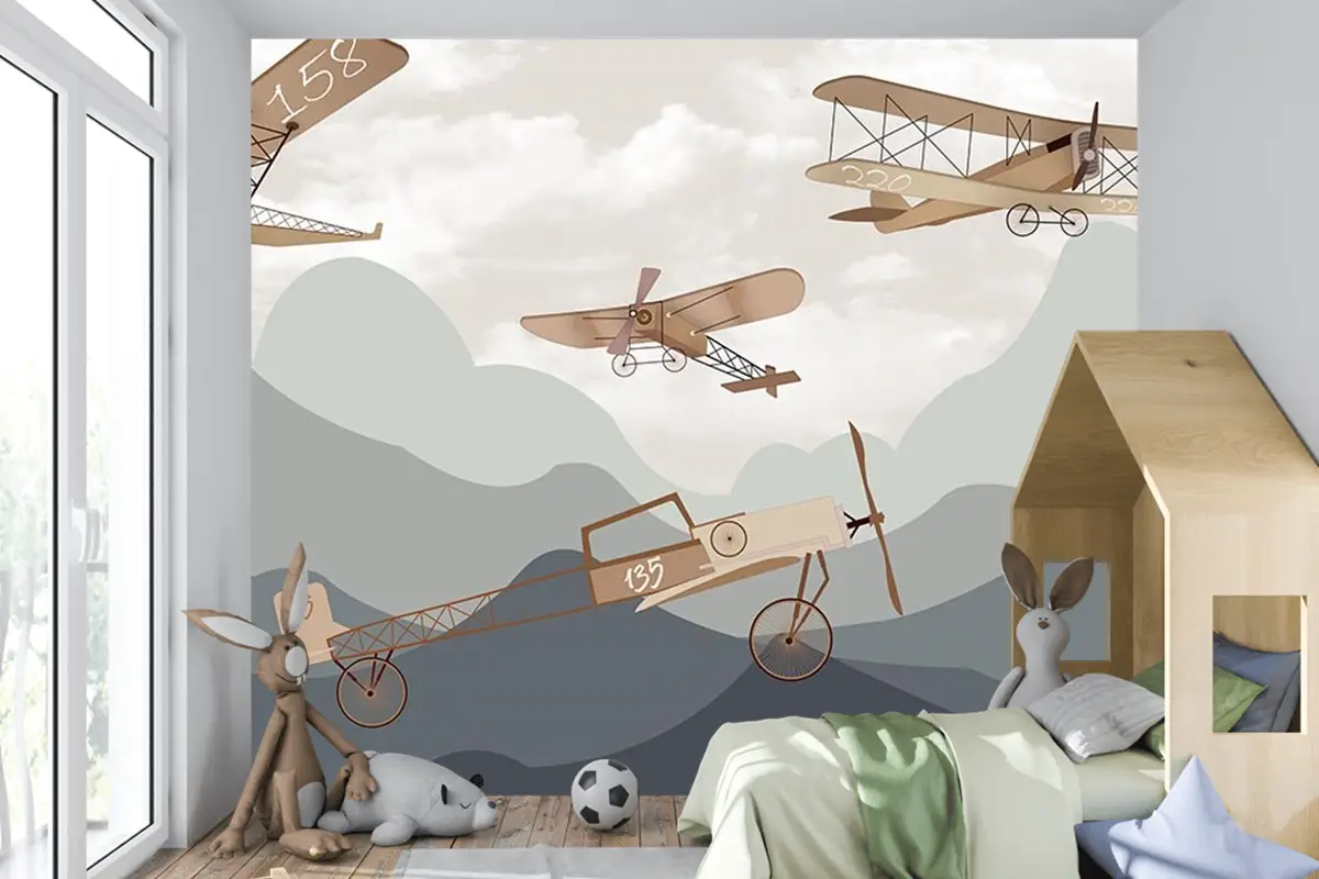 Dağlar Ve Kanatlı Uçaklar Çocuk Odası Duvar Kağıdı