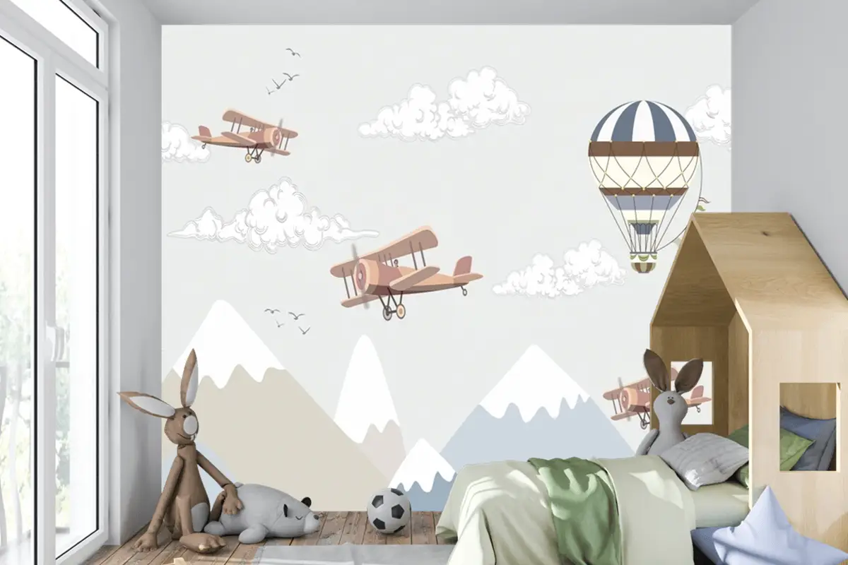 Dağlar Ve Sıcak Hava Balonları Çocuk Bebek Odası Duvar Kağıdı