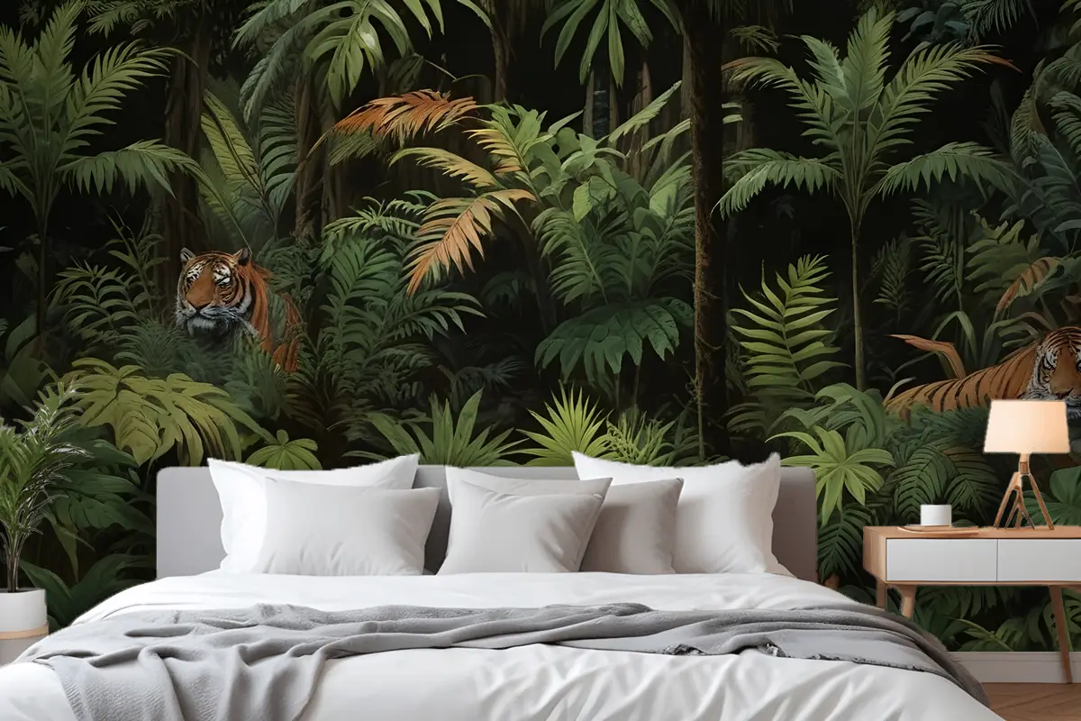 Leoparlı Karanlık Tropikal Ağaçlar Yatak Odası Duvar Kağıdı