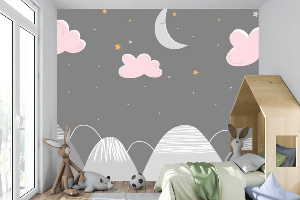 Dağ Manzarası Bulutlar Ve Uyuyan Ay Çocuk Odası Duvar Kağıdı  Ile İskandinav Tarzında Dekor