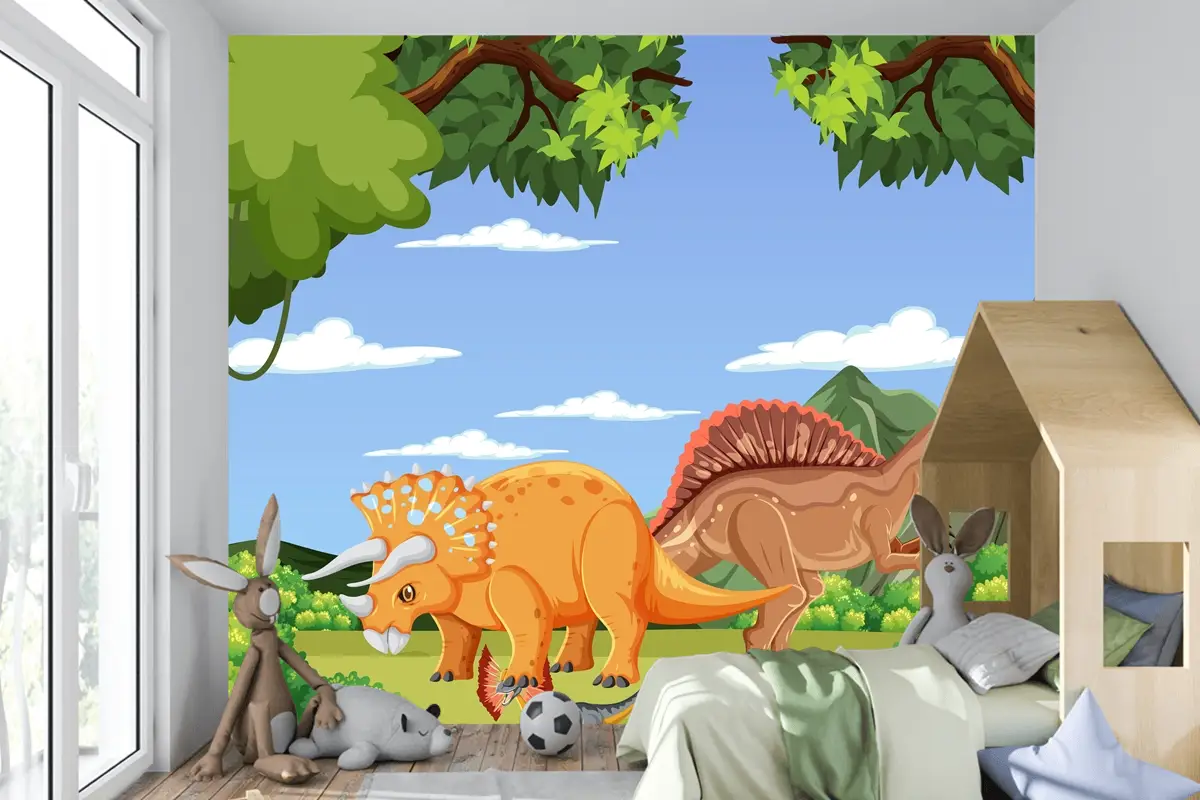 Tarih Öncesi Orman Sahnesinde Dinozor Çocuk Odası Duvar Kağıdı 