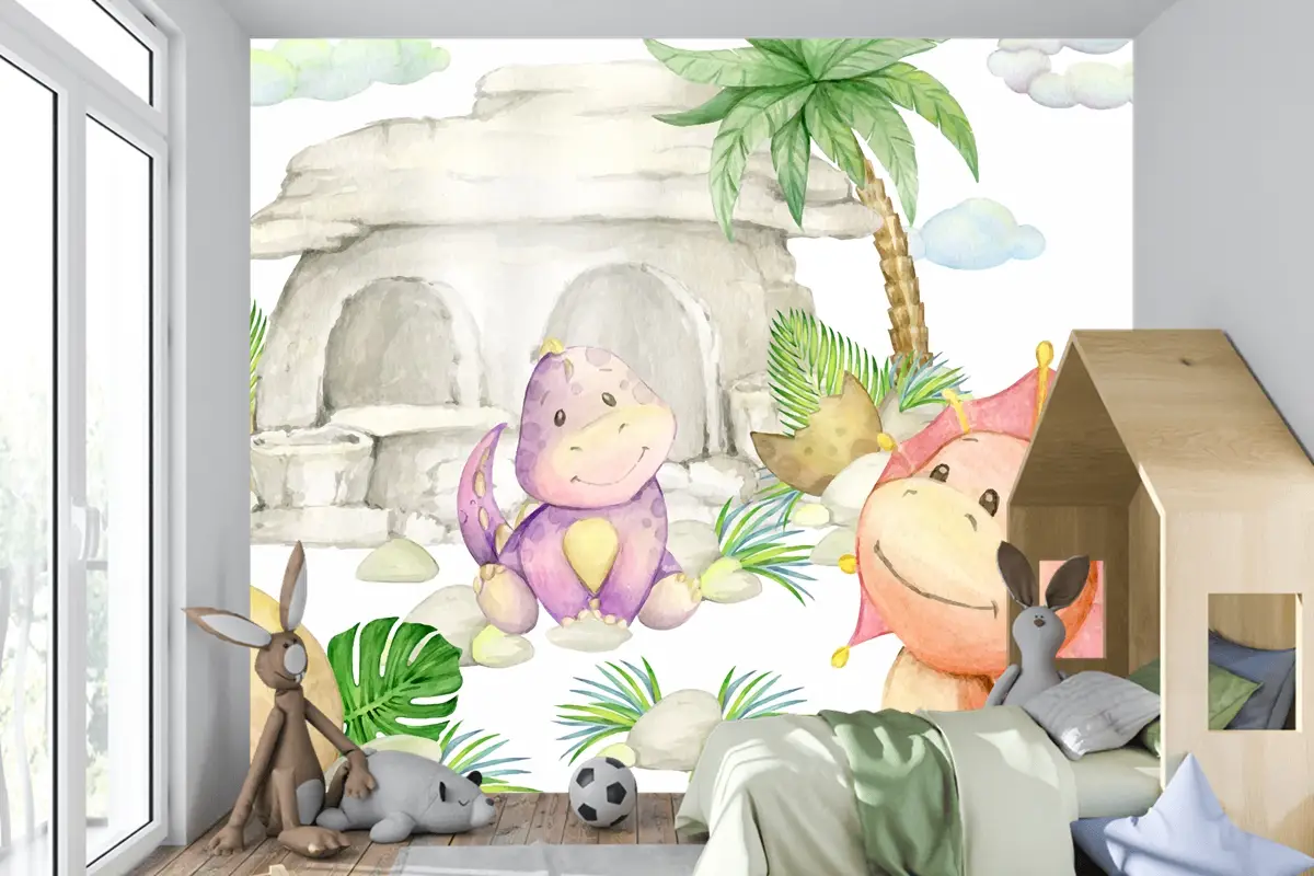 Dinozorlar Bir Taş Ev Bir Palmiye Ağacı Çocuk Odası Duvar Kağıdı