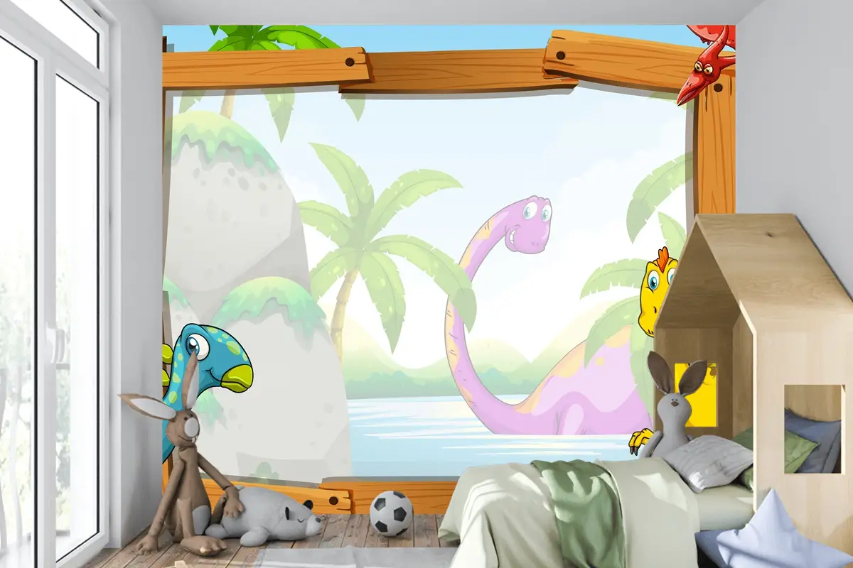 Ahşap Çerçeveli Dinozorlar Çocuk Odası Duvar Kağıdı 