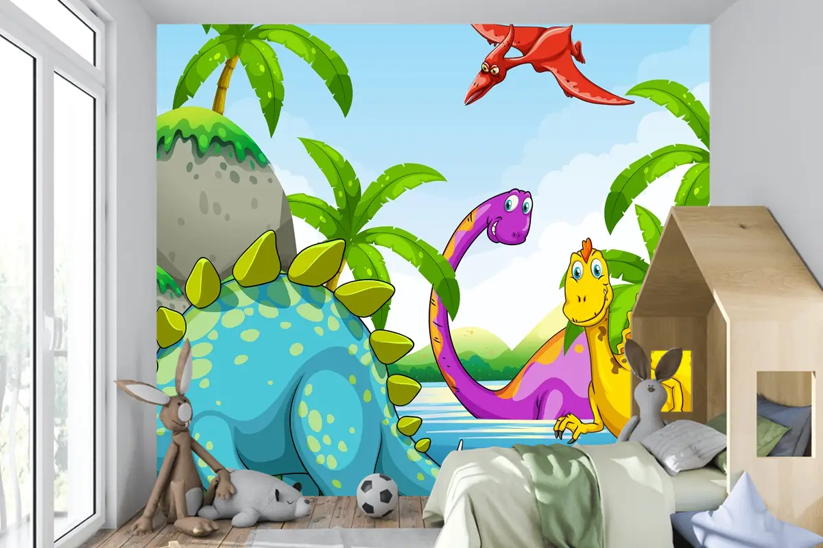 Ormanda Yaşayan Dinozorlar Çocuk Odası Duvar Kağıdı 