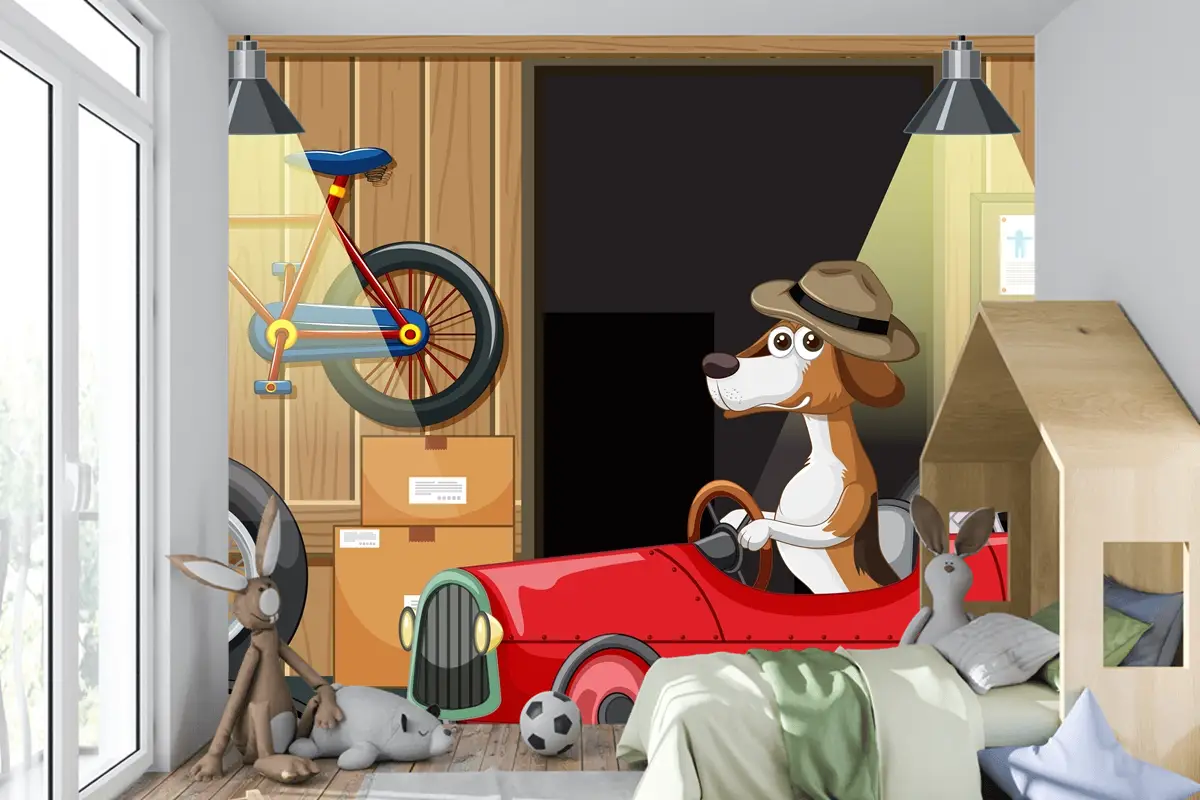 Garajda Arabayı Süren Köpek Çocuk Odası Duvar Kağıdı
