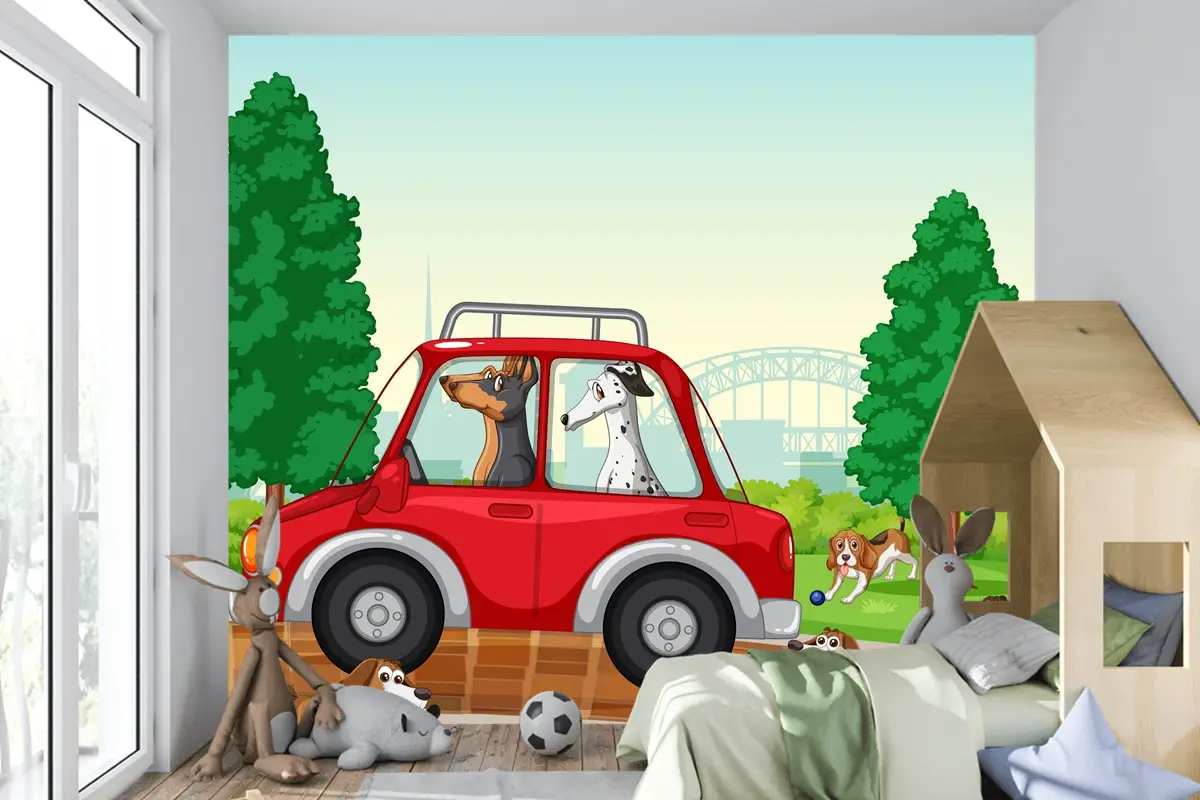 Parkta Araba Süren Ve Koşan Köpekler Çocuk Odası Duvar Kağıdı