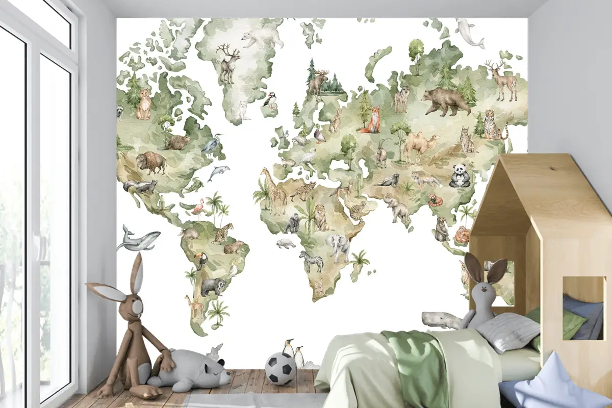 Dünya Haritası ve Dünya Hayvanları Temalı Çocuk Odası Duvar Kağıdı