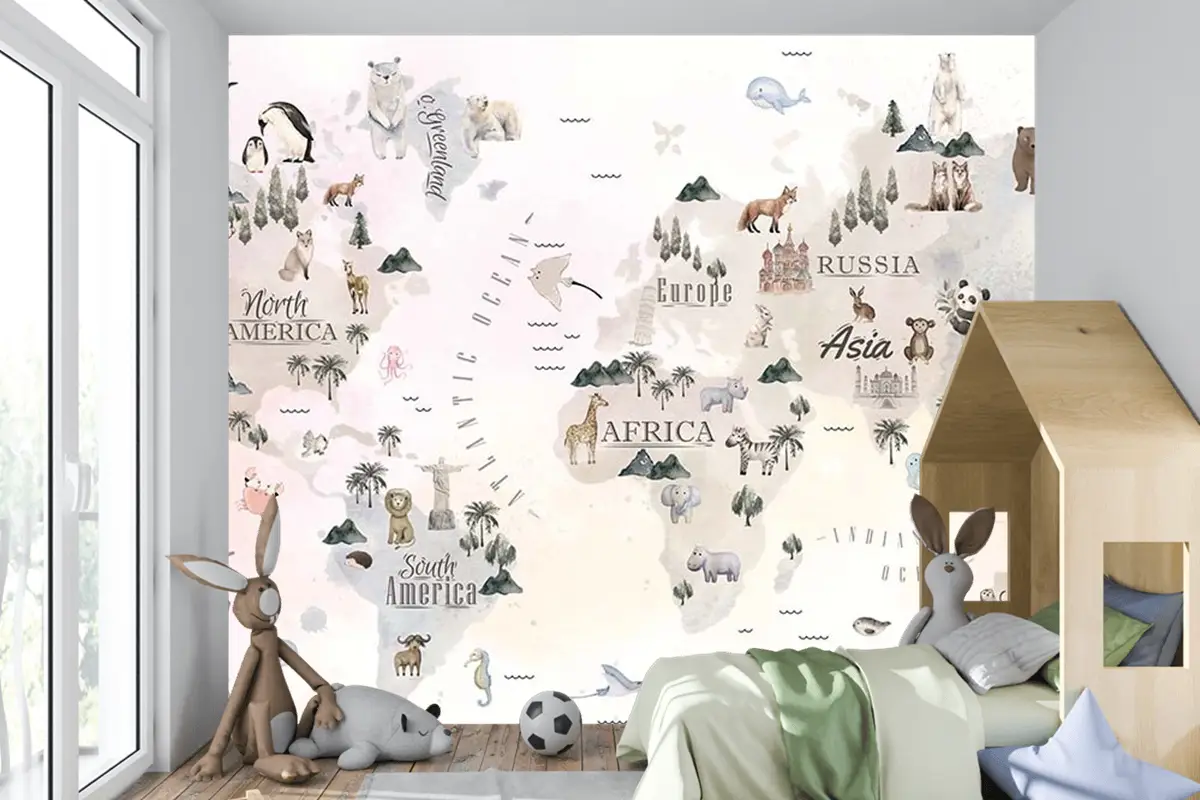 Dünya Üzerinde Sevimli Hayvanlar Çocuk Odası Duvar Kağıdı