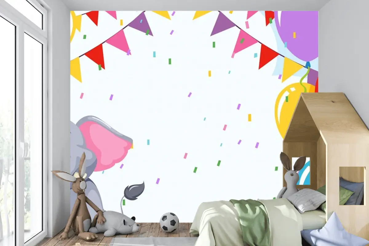 Doğum Günü Şablonunda Fil Çocuk Odası Duvar Kağıdı 