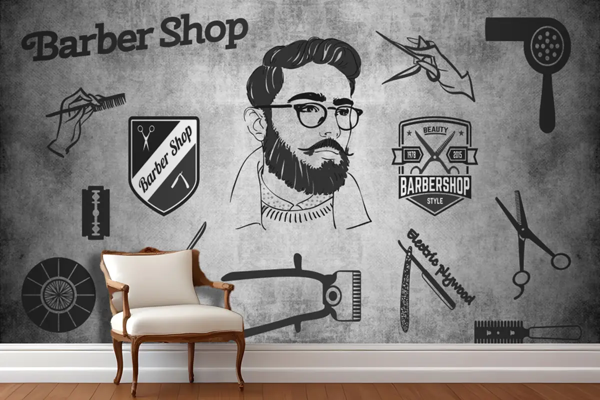 Eskitme Duvar Ahşap Zemin 3D Kuaför Duvar Kağıdı