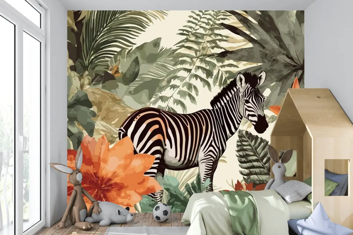 Egzotik Zebra Masalları Sanatsal Vintage Orman Kolaj Desen Sorunsuz Çocuk Odası Duvar Kağıdı