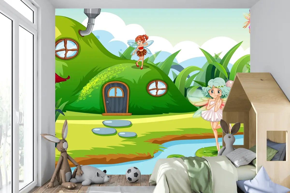 Yeşil Sahnede Fantezi Periler Çocuk Odası Duvar Kağıdı