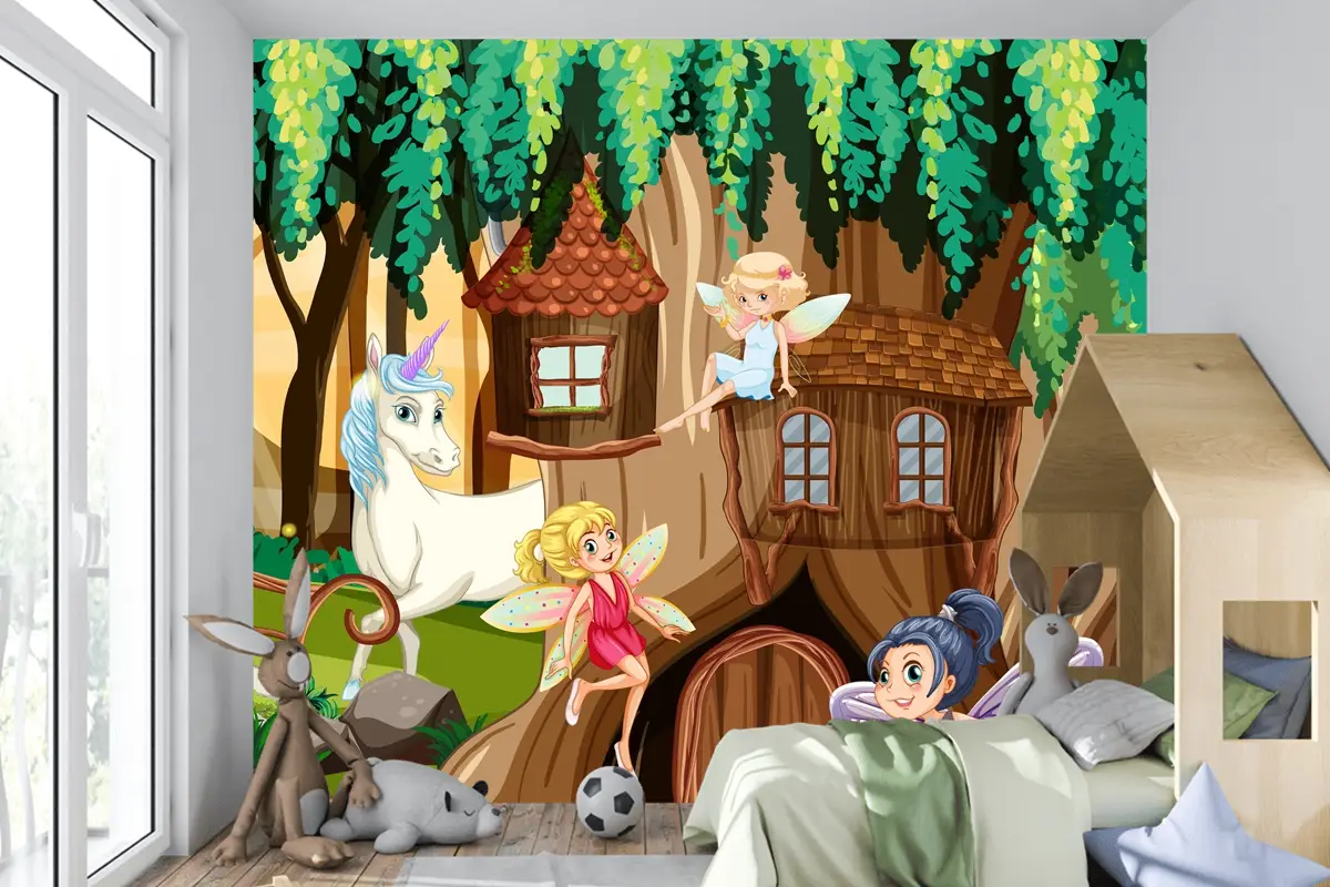 Periler Ve Tek Boynuzlu Fantezi Orman Çocuk Odası Duvar Kağıdı