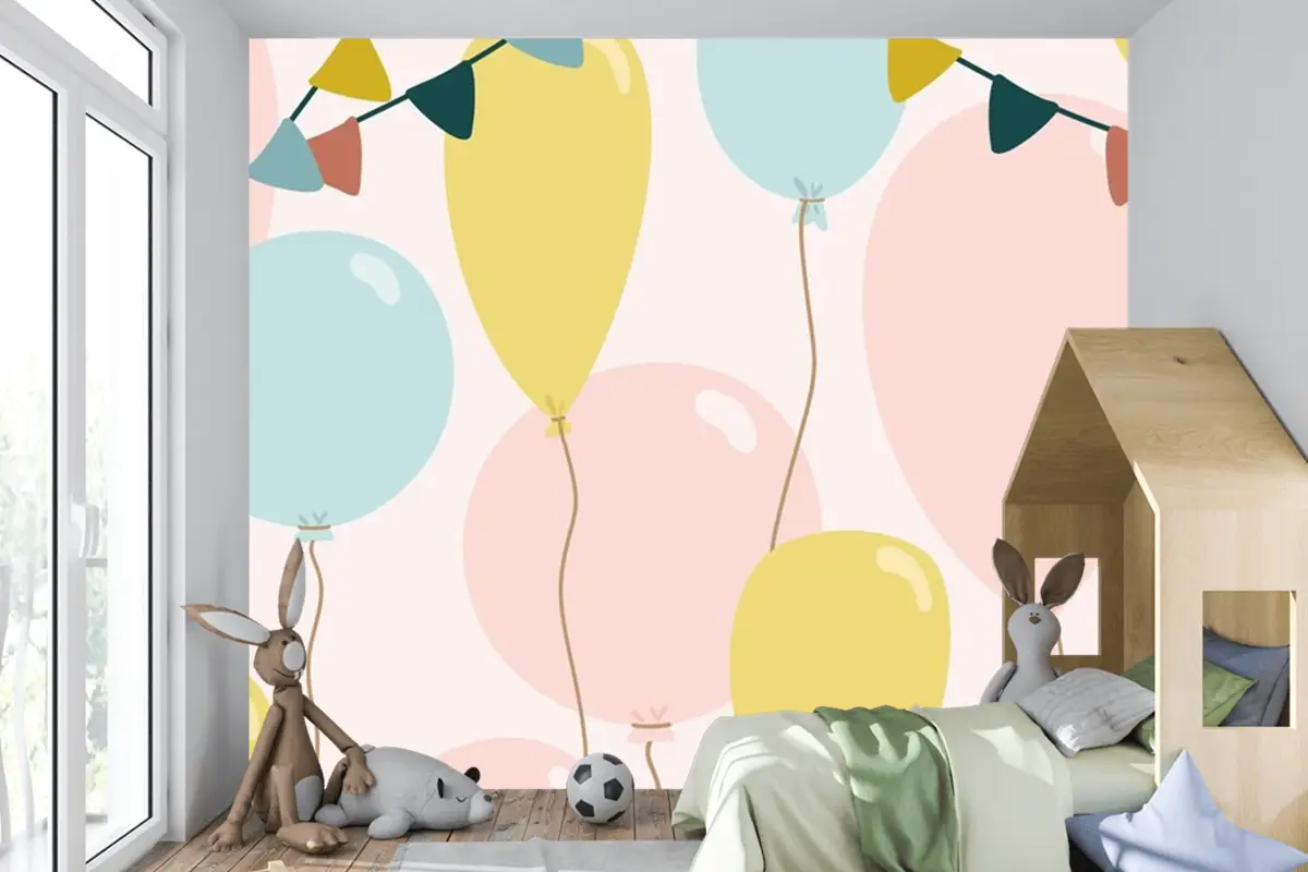 Mavi Pembe Ve Sarı Balonlu Şenlikli Arka Plan Çocuk Odası Duvar Kağıdı