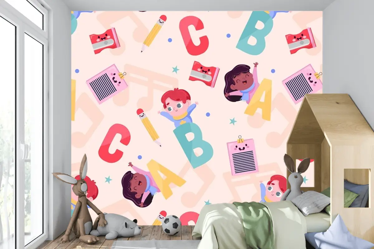 Düz Okula Dönüş Desen Tasarımı Çocuk Odası Duvar Kağıdı
