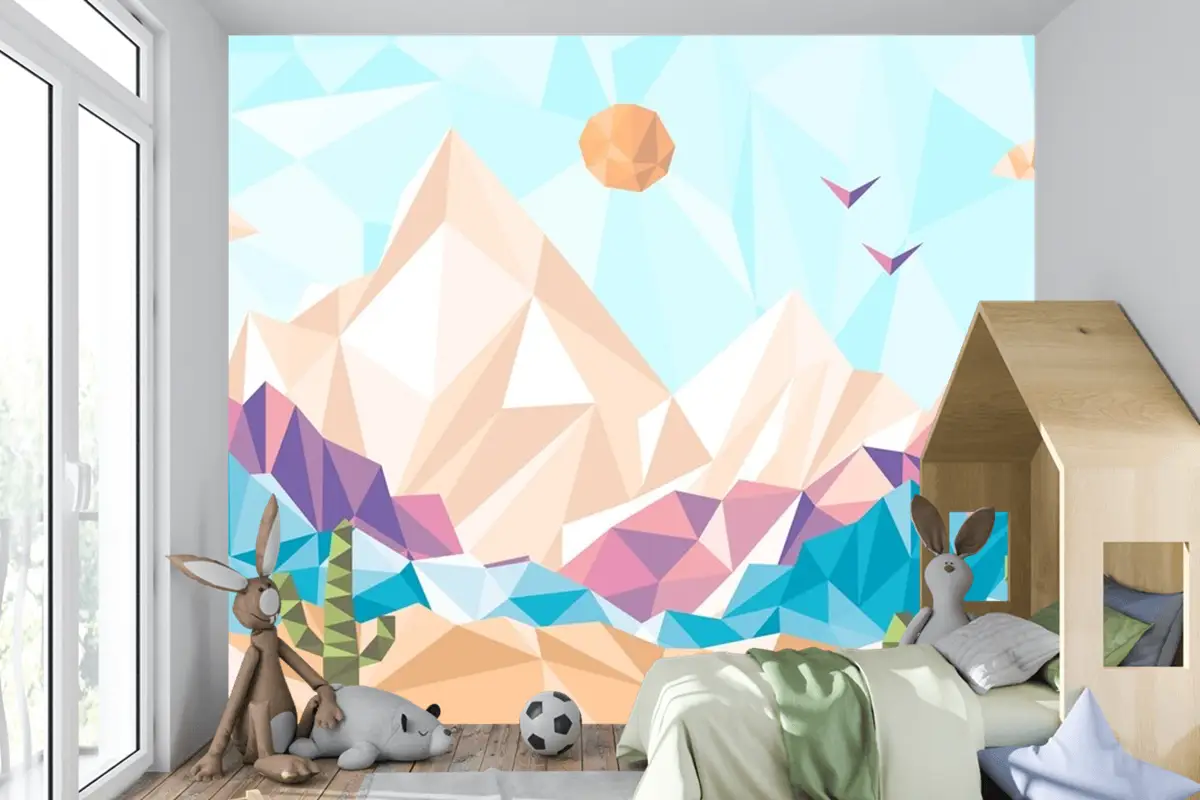 Düz Tasarım Düşük Poli Manzara Çocuk Odası Duvar Kağıdı 