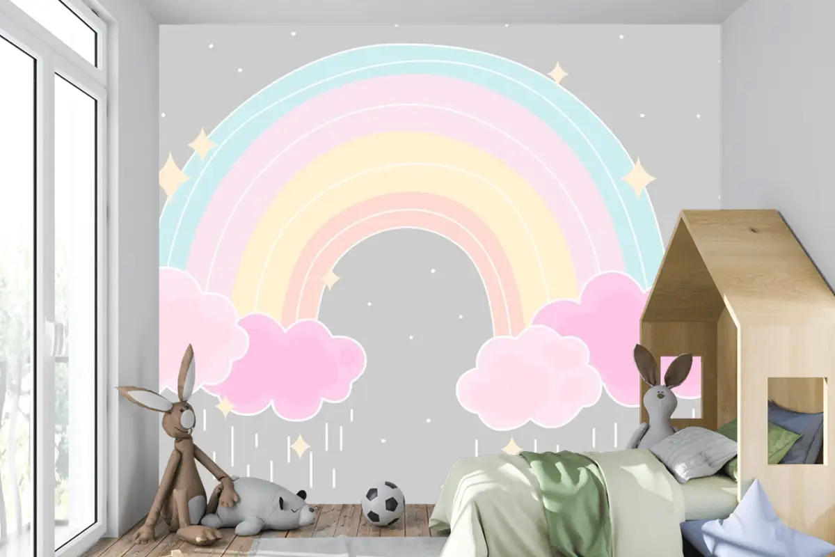 Düz Stil Renkli Gökkuşağı Çocuk Odası Duvar Kağıdı 
