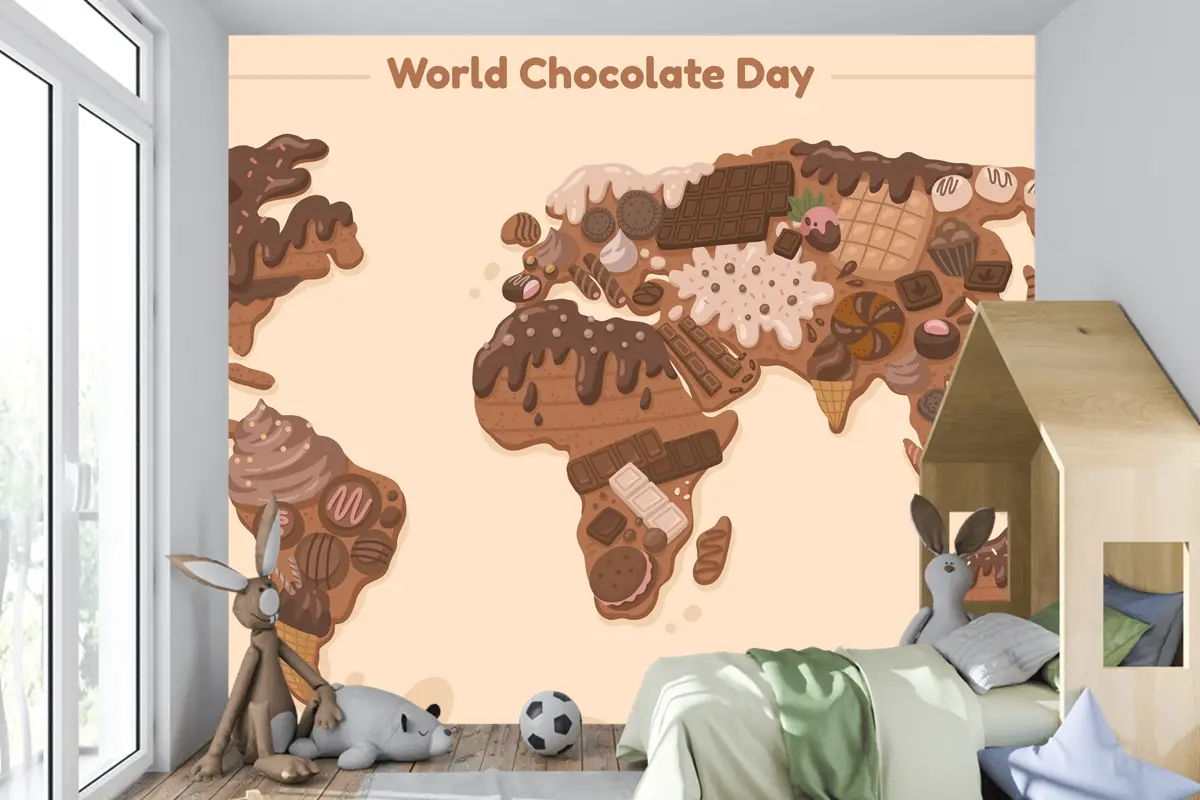 Düz Dünya Haritası Çikolata Günü Çocuk Odası Duvar Kağıdı