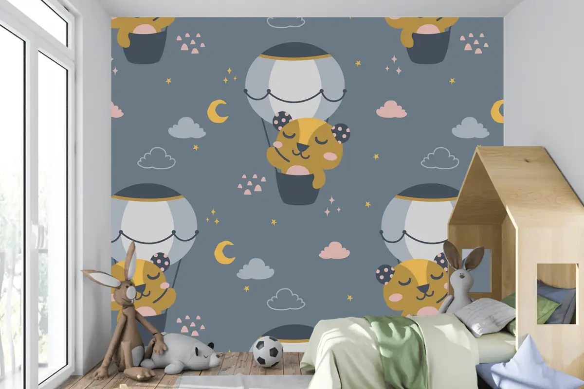 Uçan Sevimli Ayı İskandinav Desen Çocuk Odası Duvar Kağıdı