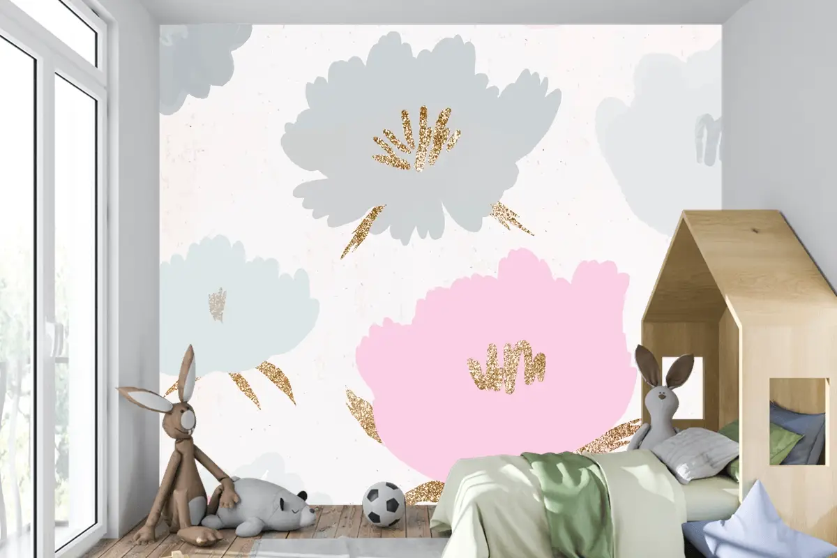 Çiçek Desenli Arka Plan Elle Çizilmiş Çocuk Odası Duvar Kağıdı 