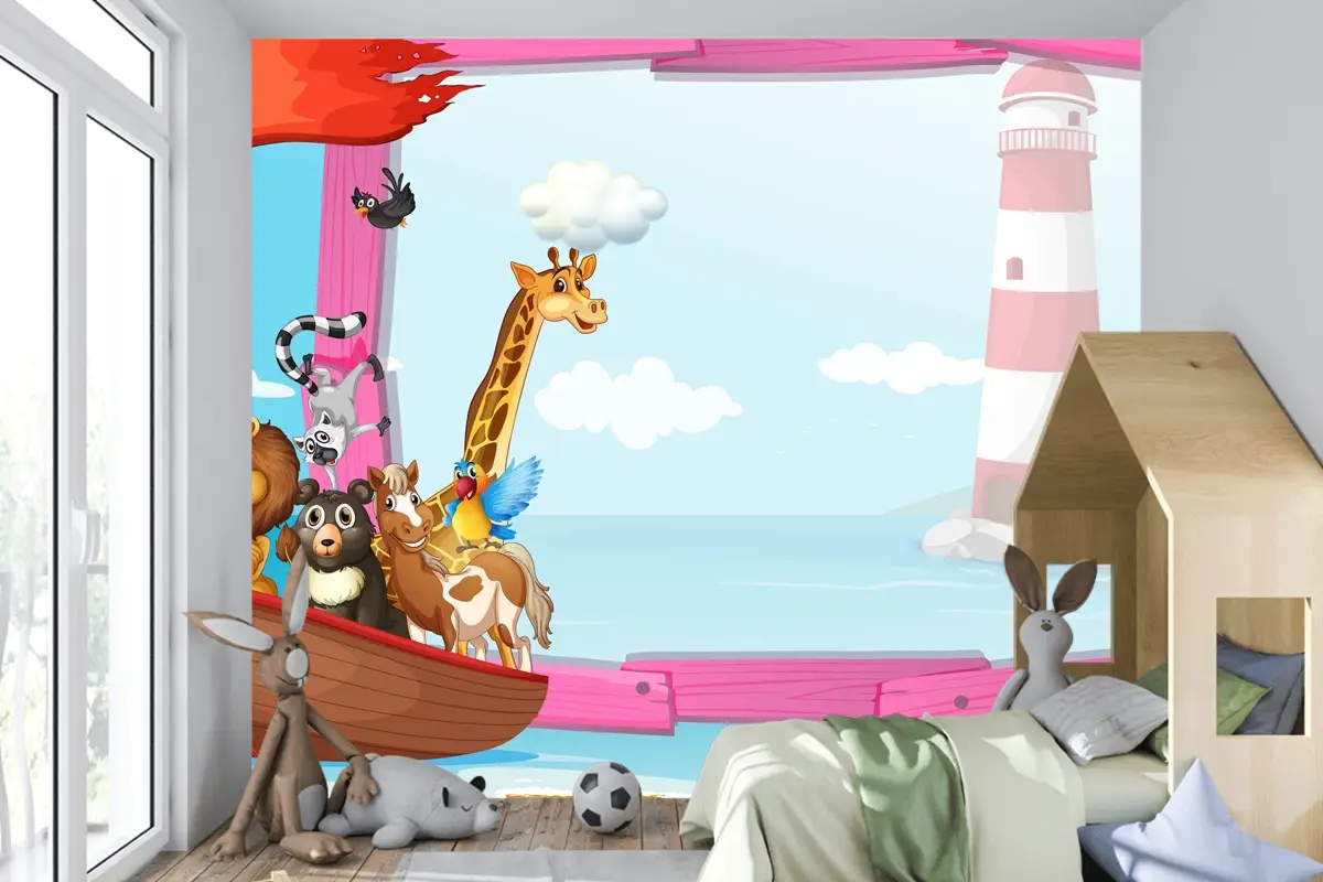 Teknede Vahşi Hayvanların Bulunduğu Çerçeve Çocuk Odası Duvar Kağıdı