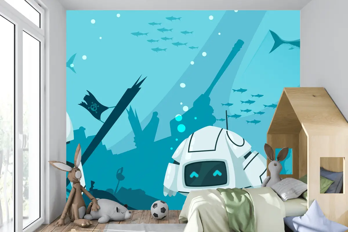 Fütüristik Robotlar Deniz Kompozisyonu Çocuk Odası Duvar Kağıdı