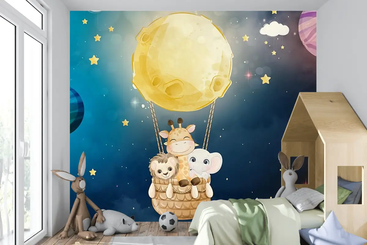 Galaksi Gezegenler Ve Sevimli Hayvanlar Çocuk Odası Duvar Kağıdı