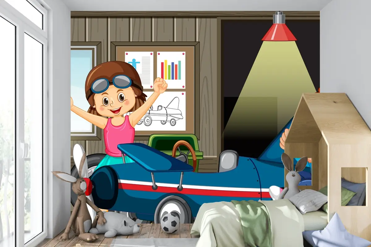 Çocukların Birlikte Araba Tamir Ettiği Garaj Sahnesi Çocuk Odası Duvar Kağıdı