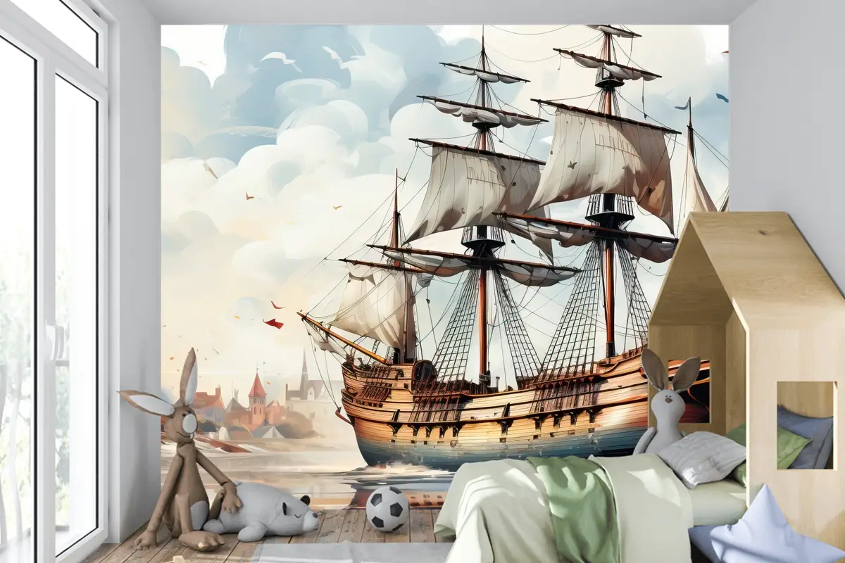 Geometrik Düz Tasarım Şehir Manzaralı Başkent Gün Batımı Çocuk Odası Duvar Kağıdı