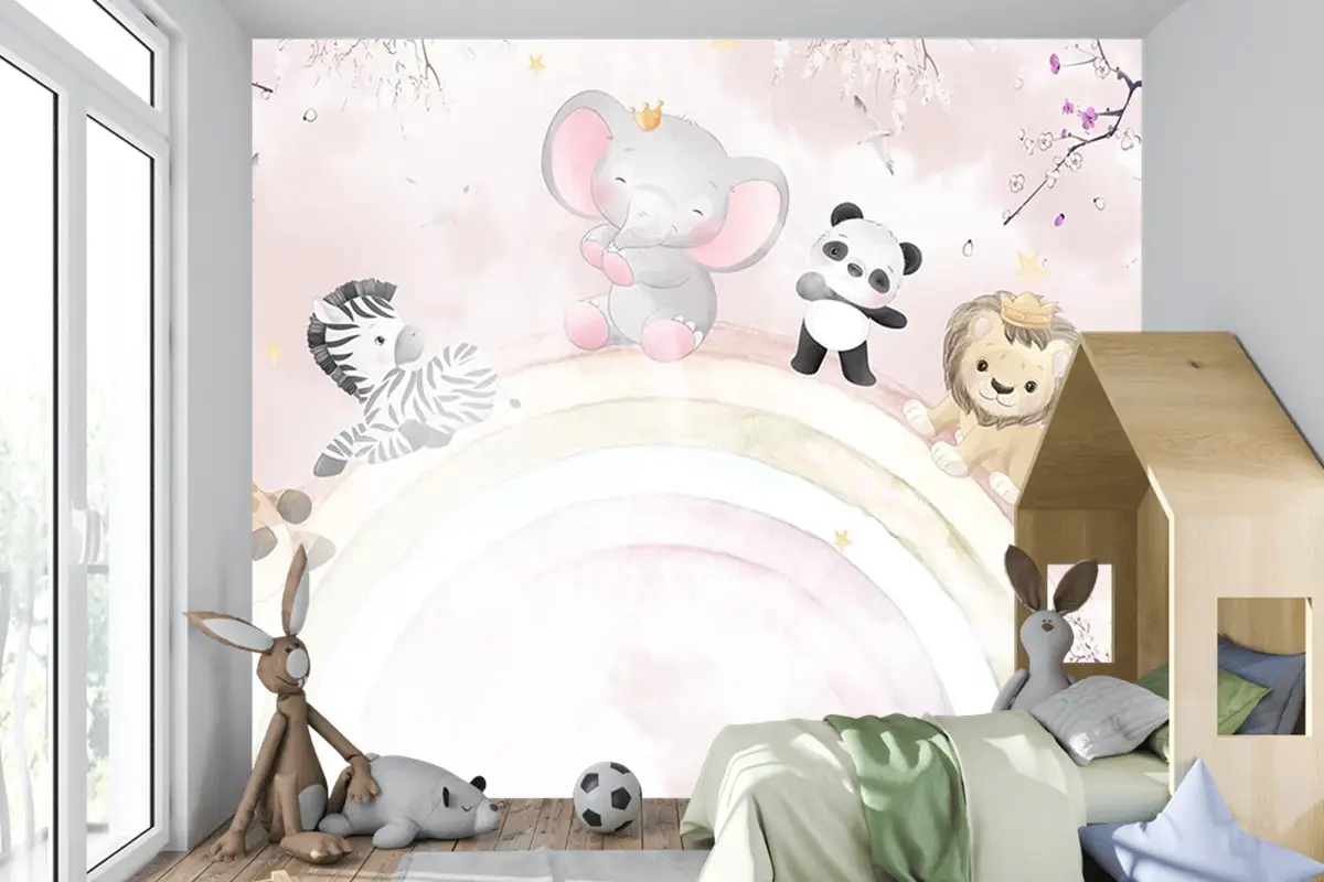 Gökkuşağı Üzerinde Sevimli Hayvanlar Çocuk Odası Duvar Kağıdı