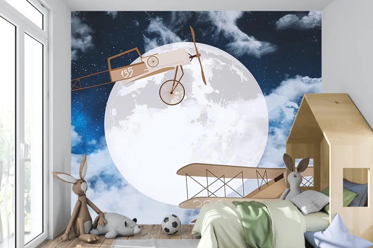 Gökyüzünde Ay Ve Uçaklar Çocuk Odası Duvar Kağıdı