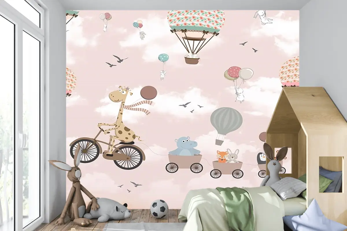 Gökyüzünde Bisiklet Süren Zürafa Ve Arkadaşları Çocuk Odası Duvar Kağıdı