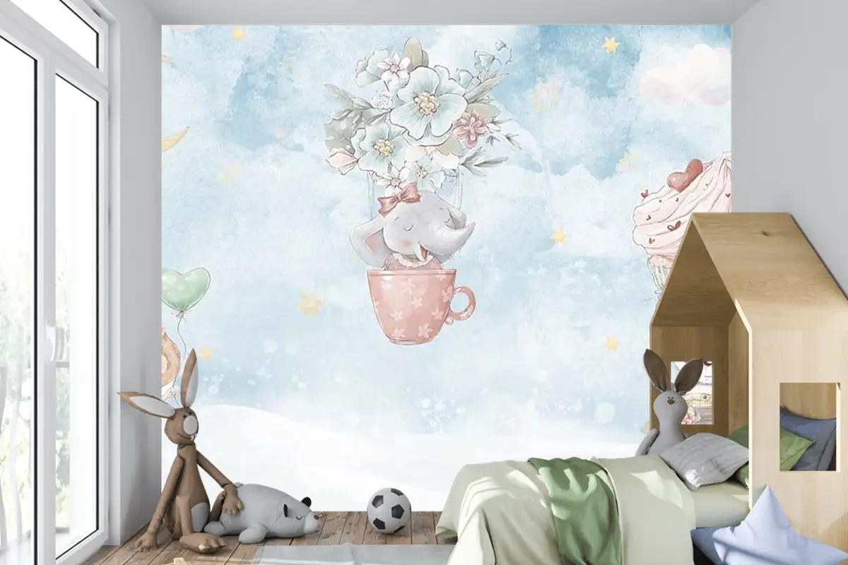 Gökyüzünde Fil Panda Çocuk Odası Duvar Kağıdı