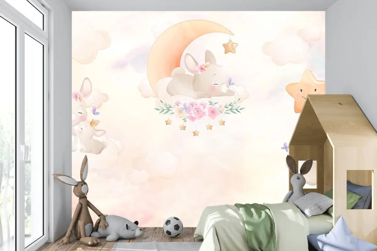 Gökyüzünde Sevimli Tavşanların Dünyası Çocuk Odası Duvar Kağıdı