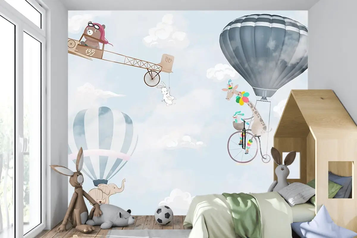 Gökyüzünde Uçak Balonlar Ve Sevimli Hayvanlar Çocuk Odası Duvar Kağıdı