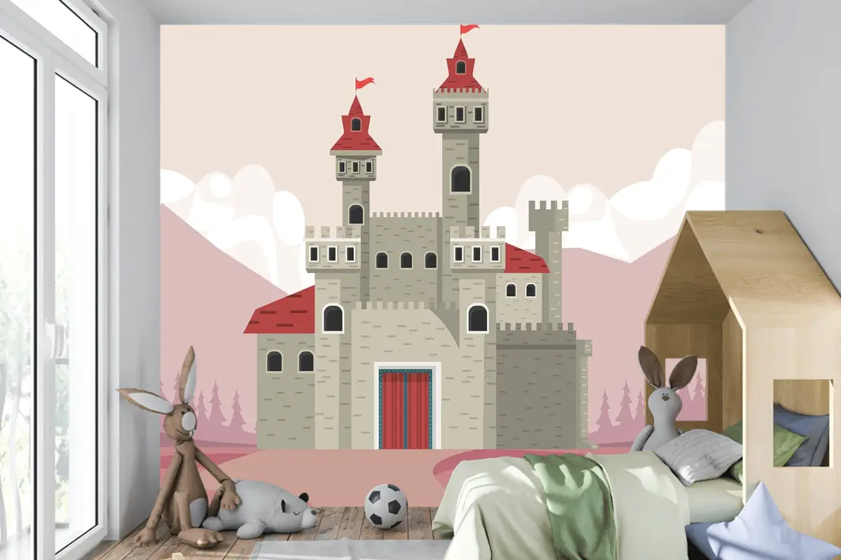 Pembe Manzara Sahnesi Çocuk Odası Duvar Kağıdı Duvarındaki Gri Kale