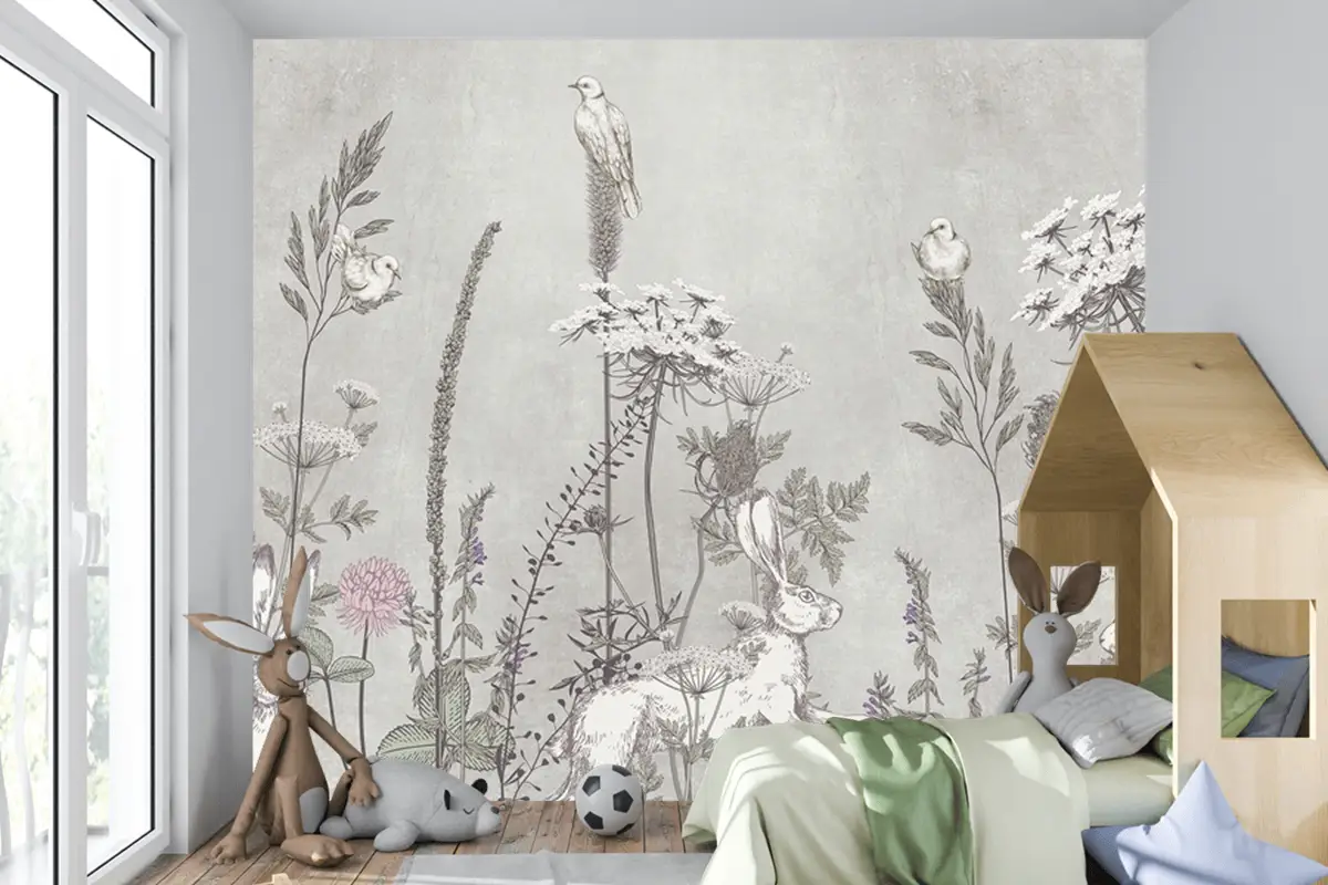 Gri Tavşanlar Ve Çiçekler Çocuk Odası Duvar Kağıdı
