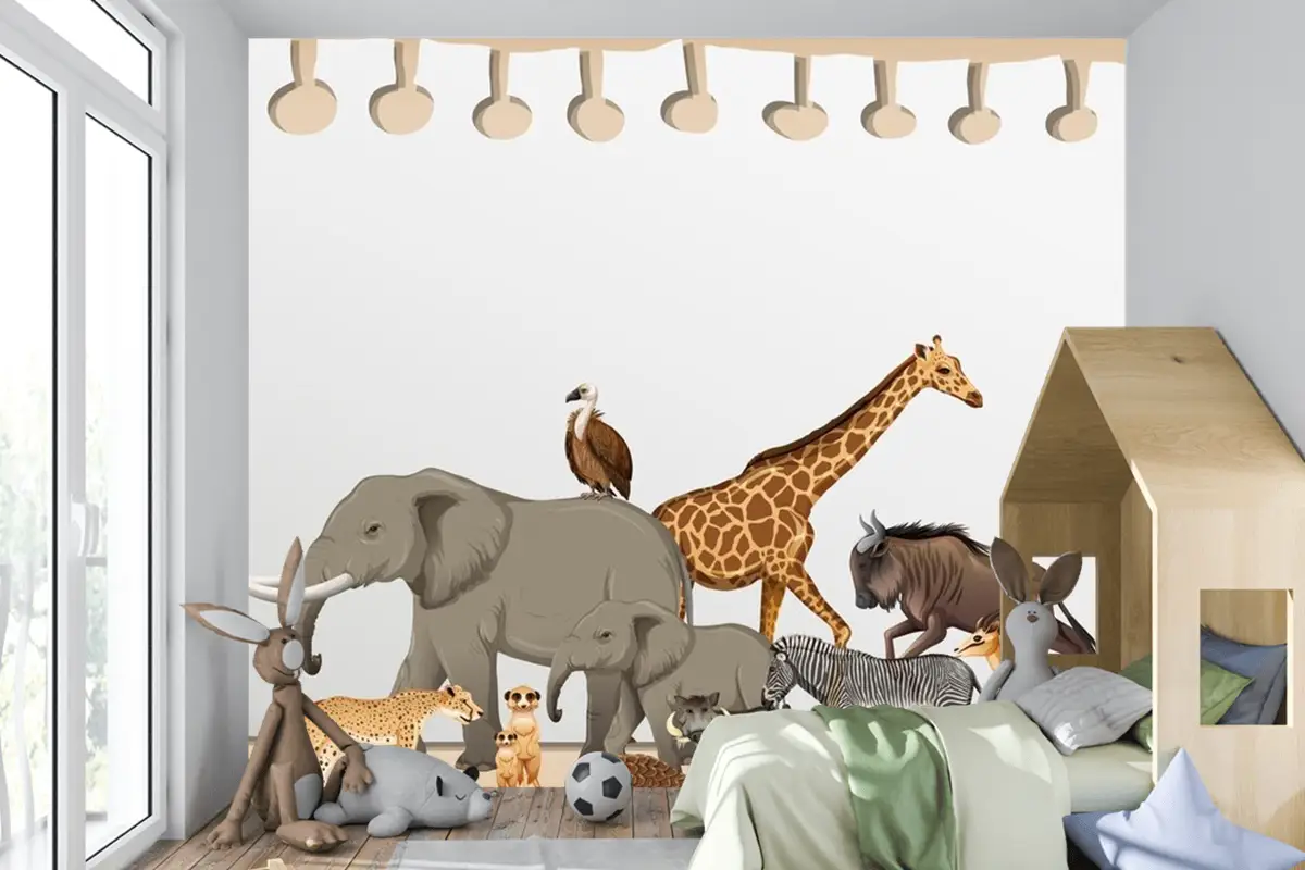Kağıt Çocuk Odası Duvar Kağıdı  Üzerinde Vahşi Afrika Hayvanı Grubu