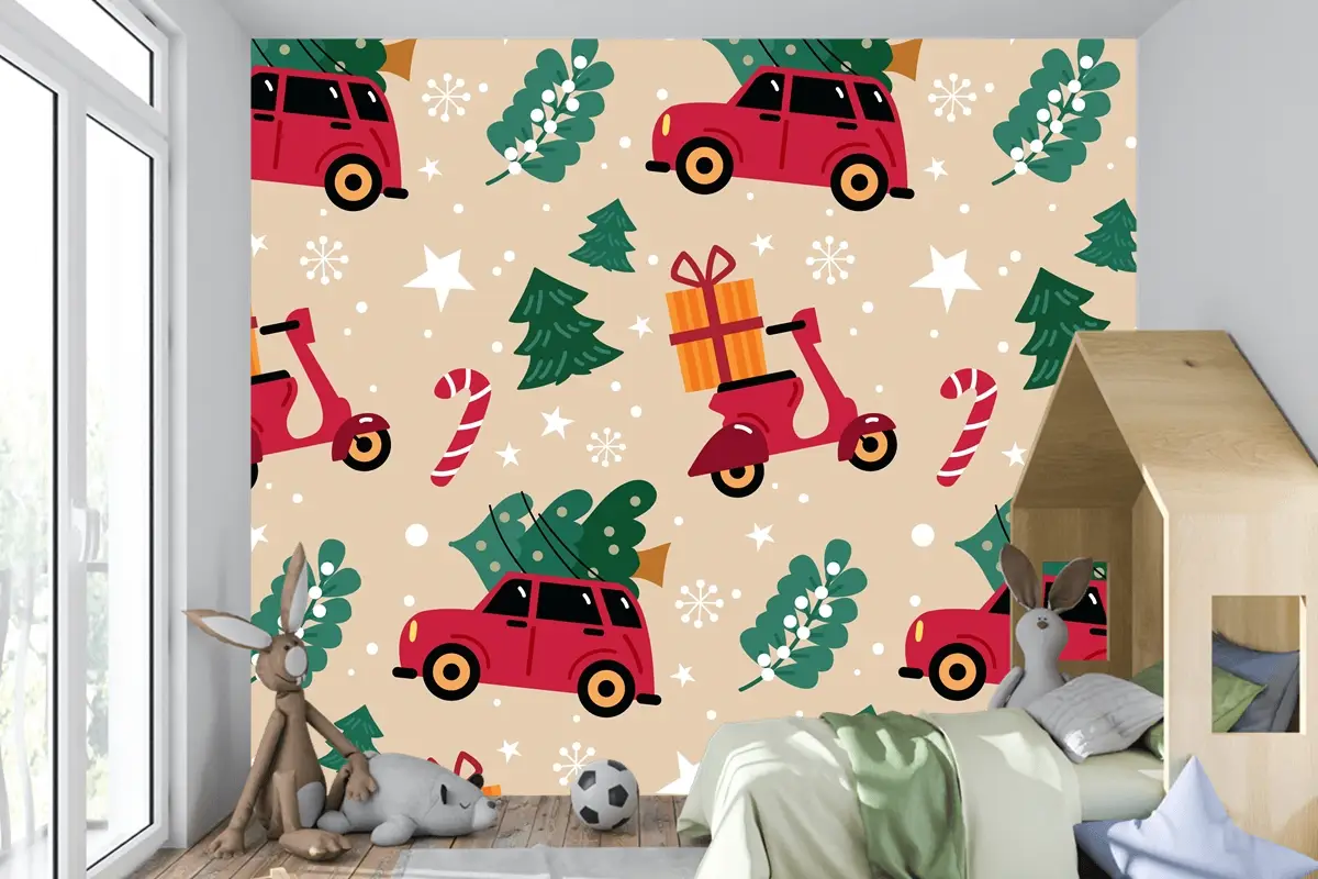 Elle Çizilmiş Düz Noel Desen Tasarımı Çocuk Odası Duvar Kağıdı