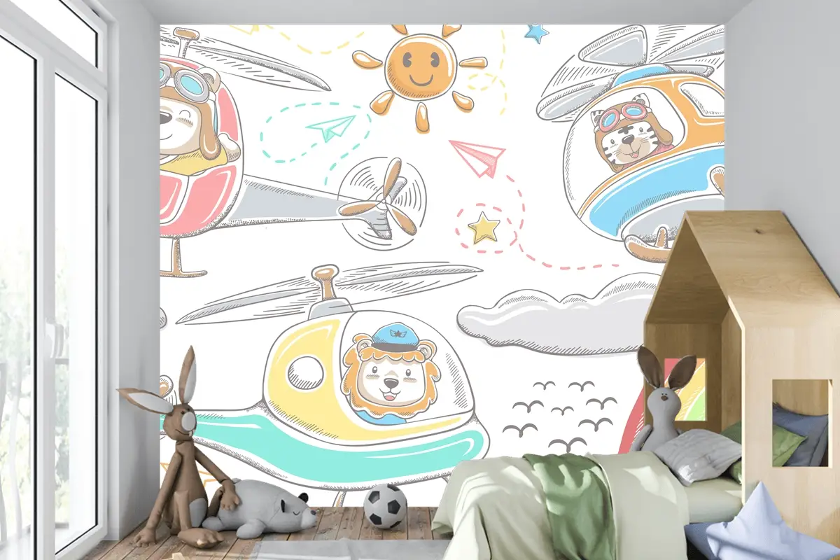 Helikopterlerde Elle Çizilmiş Komik Hayvanlar Karikatür Gökyüzü Nesne Öğeleri Karikatür Çocuk Odası Duvar Kağıdı Duvar