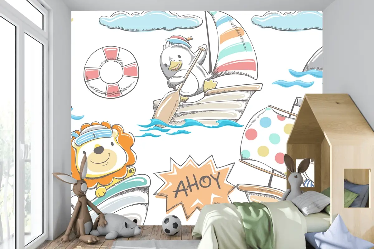 Elle Çizilmiş Komik Hayvanlar Deniz Elementleri Çocuk Odası Duvar Kağıdı