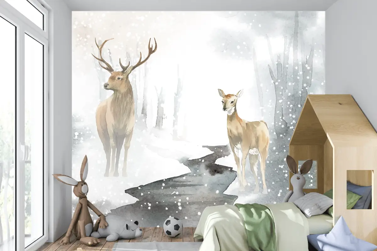 Elle Çizilmiş Geyik Çifti Suluboya Tarzı Çocuk Odası Duvar Kağıdı