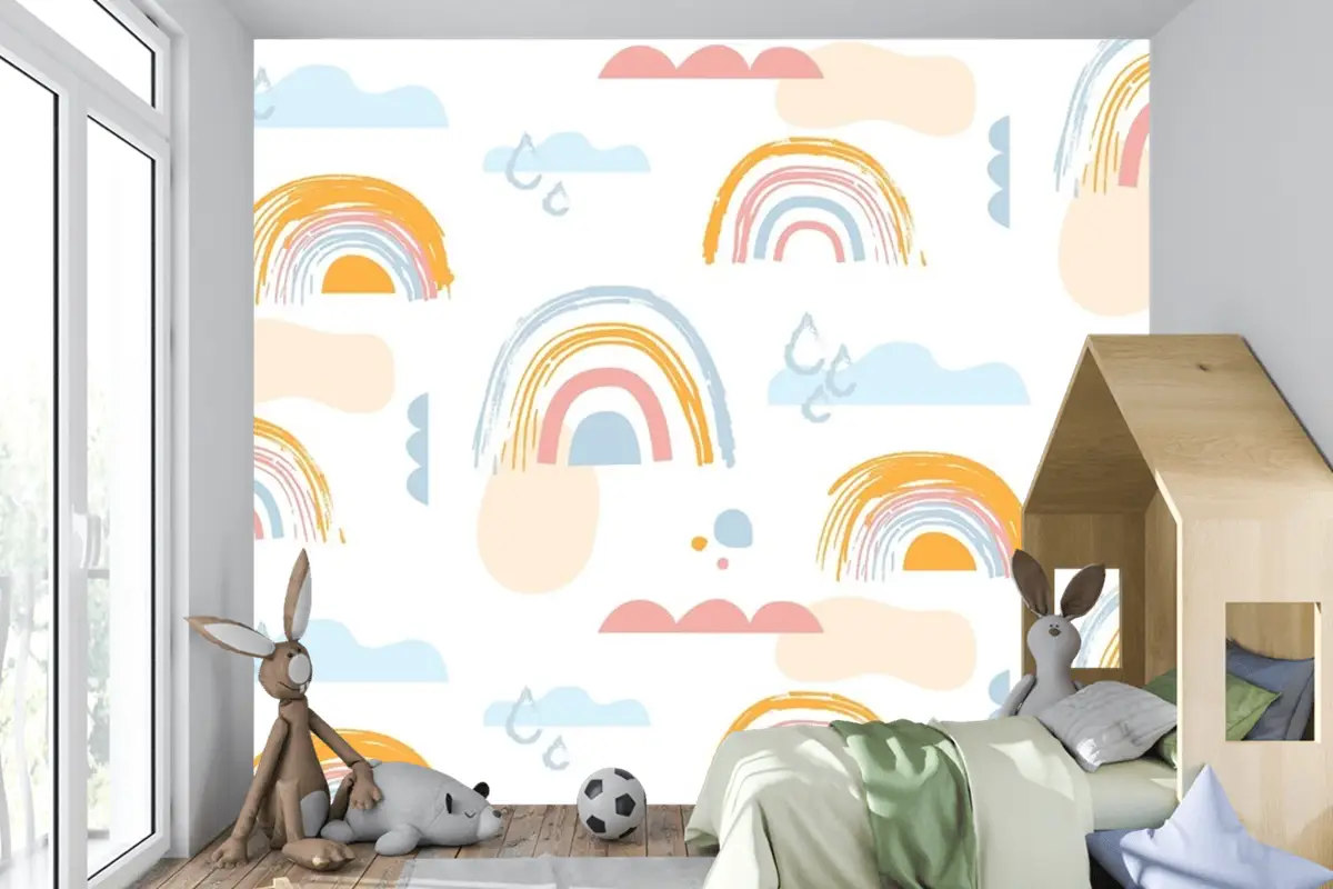 Elle Çizilmiş Gökkuşağı Desen Tasarımı Çocuk Odası Duvar Kağıdı